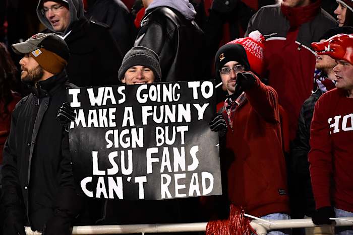 A fan holds up a sign during the second half of the game between the Arkansas Razorbacks and the LSU Tigers at Donald W. Reynolds Razorback Stadium. The Arkansas Razorbacks defeat the LSU Tigers 17-0.